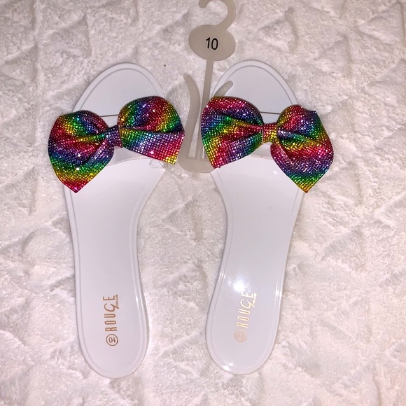 💜NWT Cute White Jelly Slides with Multi-Colored Rhinestone Bow💜Size 10💜 - Picture 2 of 6